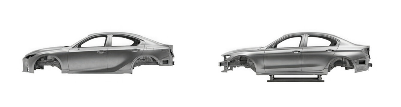 Side view of two car body frames isolated on transparent background