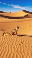 Fototapeta premium Lone fox sits on sand dune waves under bright blue sky. Animal rests in arid desert landscape. Warm sun illuminates sand ripples. Creature waits patiently in golden terrain.