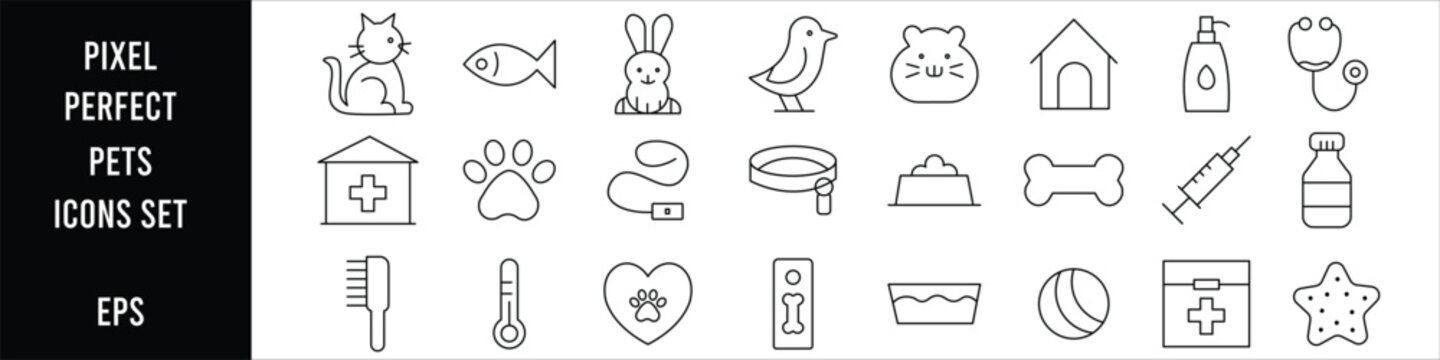 Minimal black and white pet care icon set vector template featuring clean outline symbols modern monoline geometric editable stroke design collection