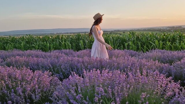 A beautiful pregnant woman walking a blooming lavender field wearing a light dress and straw hat, she looks out over a green cornfield at sunset. Summer evening rural landscape