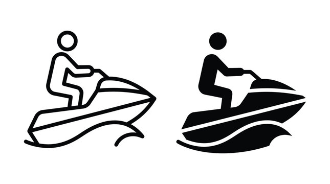 Jet ski watercraft and rider icons in outline and solid styles for summer aquatic sports with watercraft motorcycle recreation adventure vacation activity transport