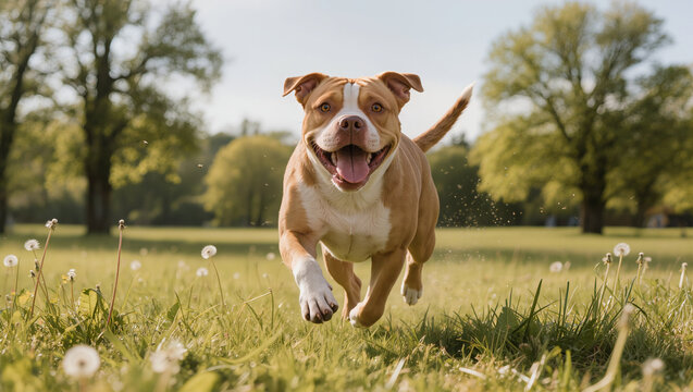 American Pit Bull Terrier running happily in a green grassy park on a sunny day
