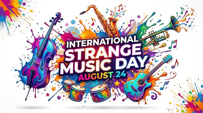Vibrant Musical Instruments Celebration Design for International Strange Music Day Concept Featuring Colorful Artistic Splatter Art Style