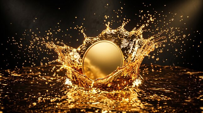 Golden cryptocurrency coin splashing into liquid gold. Digital wealth and decentralized finance background.