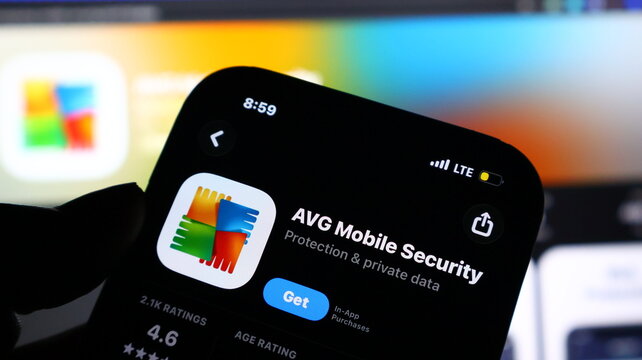Iphone screen displays avg mobile security app with multicolored logo.