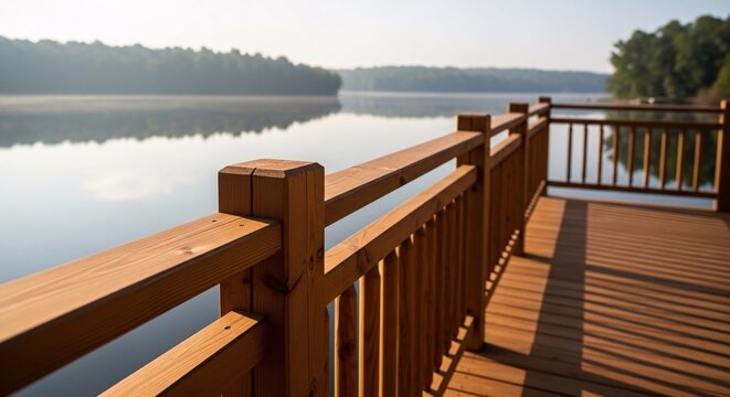 Scenic view of a wooden deck overlooking a calm lake with lush green trees in the background perfect for outdoor relaxation and nature enjoyment
