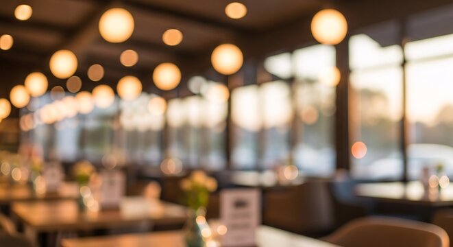 Elegant modern restaurant interior with warm lighting and large windows creating a cozy inviting atmosphere for dining and socializing