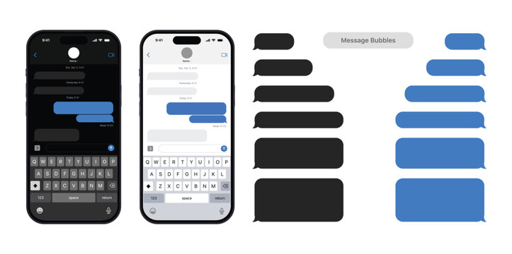 Smartphone text messaging application user interface mockup set showing light and dark mode chat screens with on screen keyboard and isolated blank message speech bubbles.