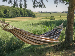 Obraz premium A hammock hanging on a tree, a relaxing holiday view