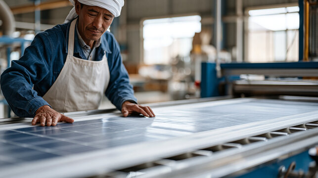 Tibetan solar panel laminator pressing photovoltaic cell strings into encapsulant sheet on production conveyor, renewable energy manufacturing, mountain region industrial