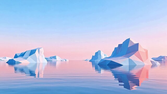 Icebergs in calm water under pastel sky