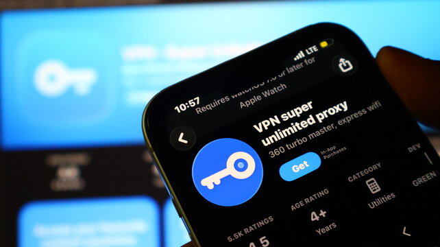 App store listing for vpn super unlimited proxy on smartphone screen digital technology.