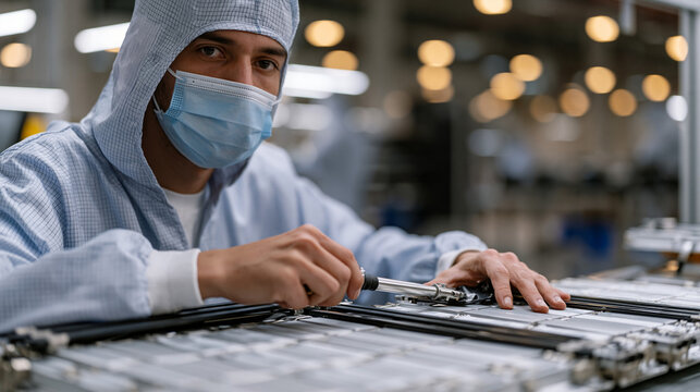 Colombian EV battery module assembler in anti-static suit connecting busbar terminals on prismatic cell stack, precision torque tool in hand, electromobility production facility,