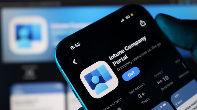 Iphone screen displays intune company portal app with blue and white logo.