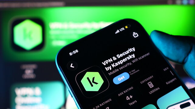 Iphone screen displays vpn and security by kaspersky app with green logo.
