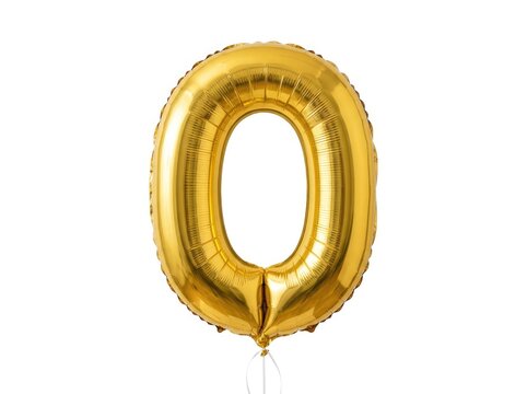 A shiny gold balloon in the shape of the number zero, isolated on a white background