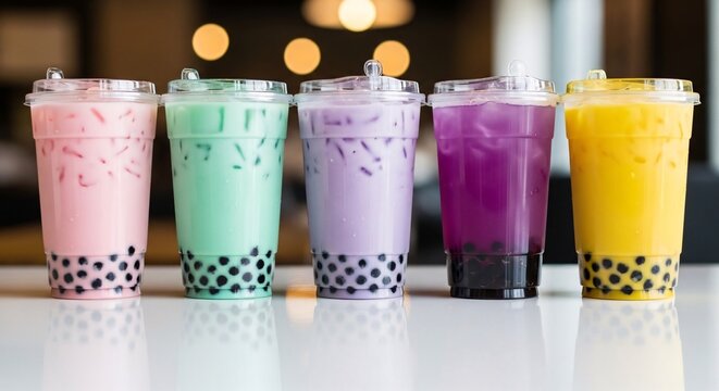 Collection of five colorful bubble tea drinks with tapioca pearls in clear cups on a reflective surface with blurred background perfect for beverage and cafe advertising