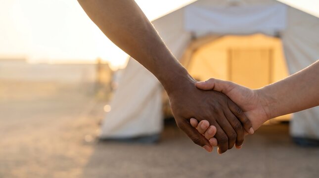 Diverse hands holding together in a gesture of unity and support against a blurred outdoor background during a golden sunset