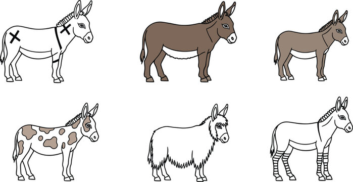 Donkey Breed Icon Set with Brown, Spotted, Shaggy, and Zebra Pattern Variations for Farm Animal and Livestock Designs
