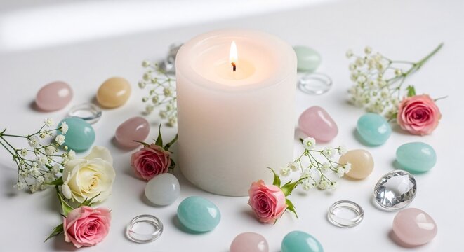 Elegant romantic celebration setup with lit candle pastel decorated flowers and jewelry for special occasion or intimate gathering perfect for event decor