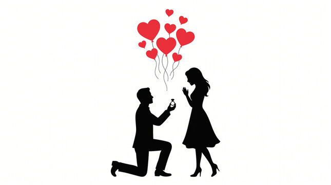 Romantic proposal silhouette of man kneeling before woman with hearts, proposal
