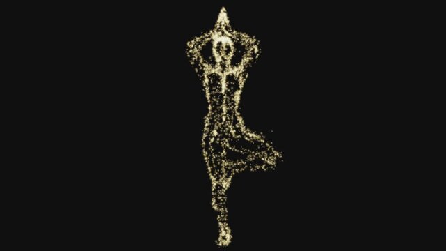 abstract gold yoga woman silhouette in tree pose forming from glowing particles on black background for meditation wellness mindfulness and health motion graphics