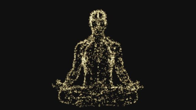 abstract gold man silhouette in meditation lotus pose forming from glowing particles on black background for yoga zen wellness mindfulness and health motion graphics