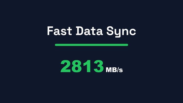 Fast data sync animation, loading bar with speeds, dark background, symbolizing efficient transfer.