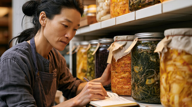 Vietnamese fermentation specialist arranges crocks of maturing kimchi and lacto-fermented vegetables along a tiled shelf, labeling each vessel with cloth tags and recording start