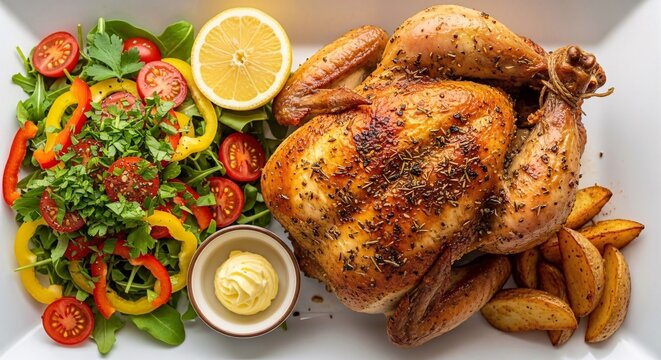 Delicious roasted whole chicken served with crispy potato wedges fresh salad lemon slice and creamy dipping sauce for a hearty meal
