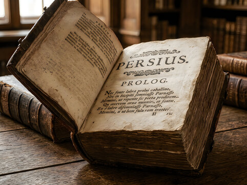 Ancient open book with Latin text on wooden table in library  old book