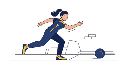 Obraz premium Woman bowling ball down lane in active stance.
