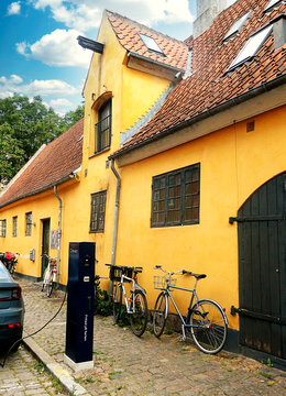 Copenhagen Denmark - Typical warehouse and bikes in the Christianshavn district
