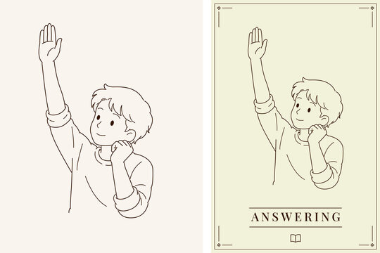 Student raising hand to answer question during classroom lesson illustration