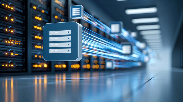 Ultra realistic futuristic data center with glowing server racks and streaming data connections conveying high speed cloud infrastructure