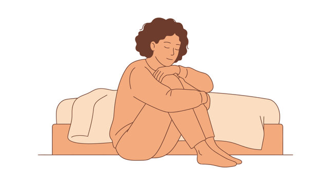Woman hugging knees sitting on floor feeling down.