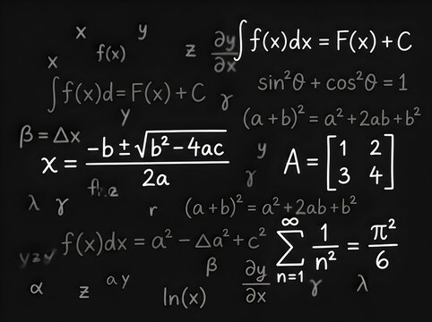 Mathematical equations and formulas on blackboard background for education and science concepts