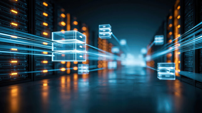 High speed data transfer server rack network virtualization cloud storage futuristic data center digital connectivity seamless flow vibrant