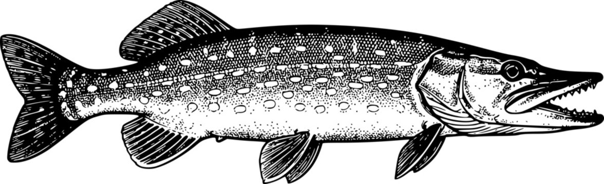 Illustration of Northern Pike Fish,engraving vintage illustration.