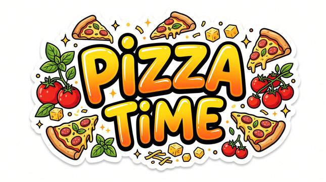 Pizza time fun food label graphic design with slices and fresh ingredients
