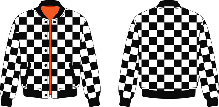 Black and white checkered bomber varsity jacket vector template showing front and back views for fashion apparel design