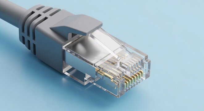 Close-up of Ethernet cable connector with transparent housing showing internal wiring and gold-plated contacts for networking and internet connectivity