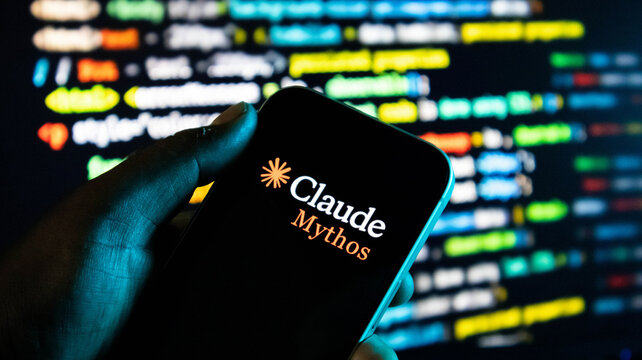 Closeup of a hand holding a smartphone displaying the claude mythos logo against a background of blurred computer code