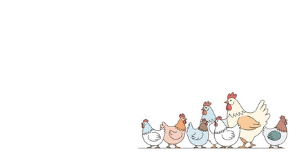 Fototapeta premium A charming illustration of a line of six cartoon chickens and roosters with pastel colors on a clean white background.