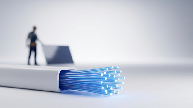 Fiber optic cable with glowing blue fiber optic cables minim and blurred technician in background