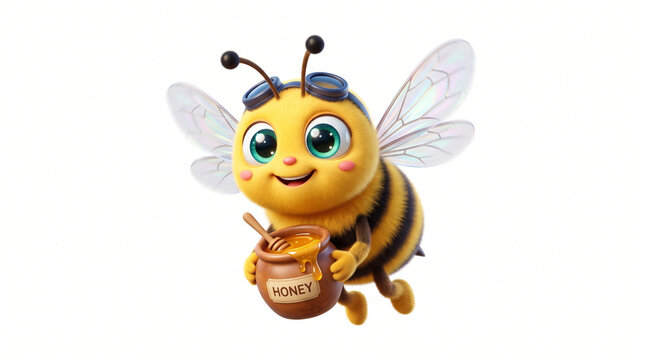 Cute cartoon bee character carrying a pot of sweet golden honey with character