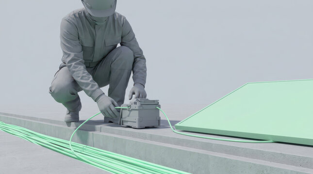 Fiber optic technician working on cable connection with fusion splicer device in industrial setting, focused on precise task