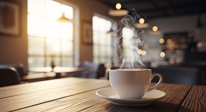 Warm cozy coffee shop scene with steaming cup of coffee on wooden table in inviting cafe environment with sunlight streaming through large windows and ambient lighting