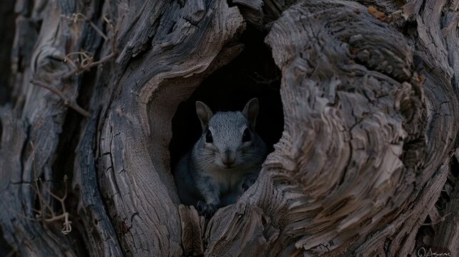A view of a squirrel on a tree branch, bathed in sunlight.
