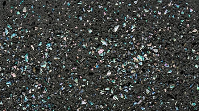 Macro texture of dark charcoal concrete speckled with crushed
    iridescent abalone shell, moody luxury interior background.
